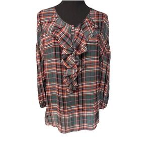 Sundance Womens Large Silk Sheer Top Blouse Long Sleeve Ruffled Popover Plaid